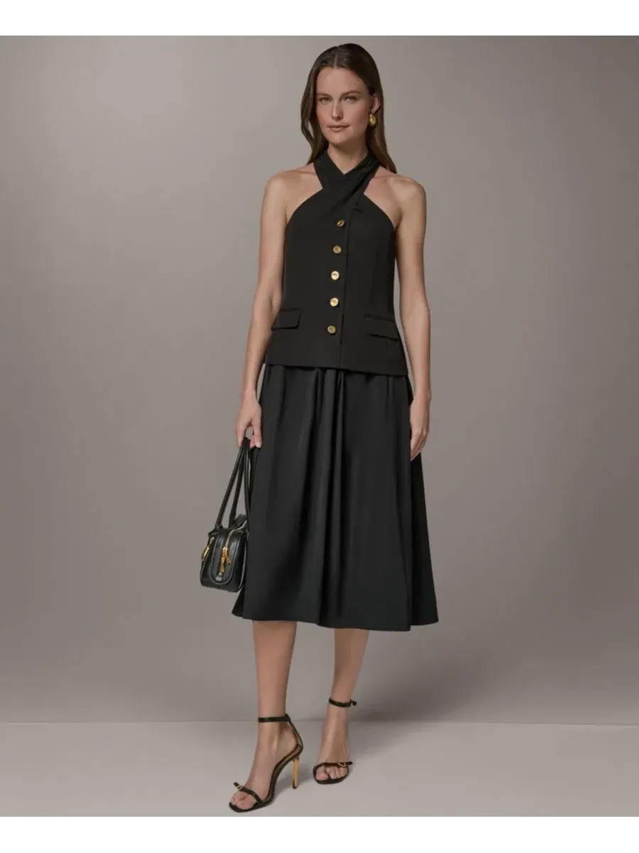 Платье-трапеция без рукавов с запахом Petite Twist Halter Neck Donna Karan New York — изображение 7 из 14, черный