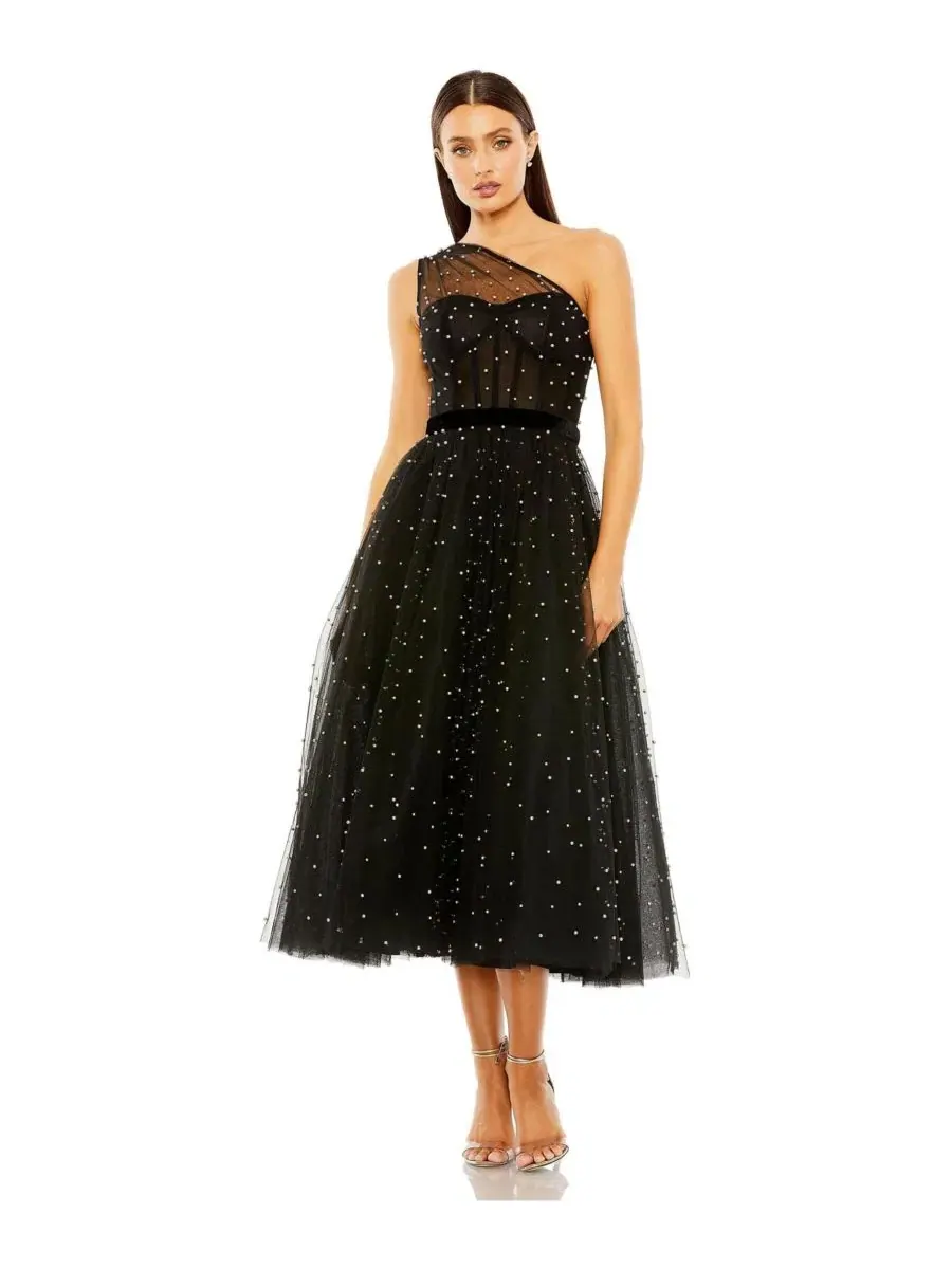 Платье-миди с одним плечом Pearl Beaded Mac Duggal — изображение 1 из 3, черный