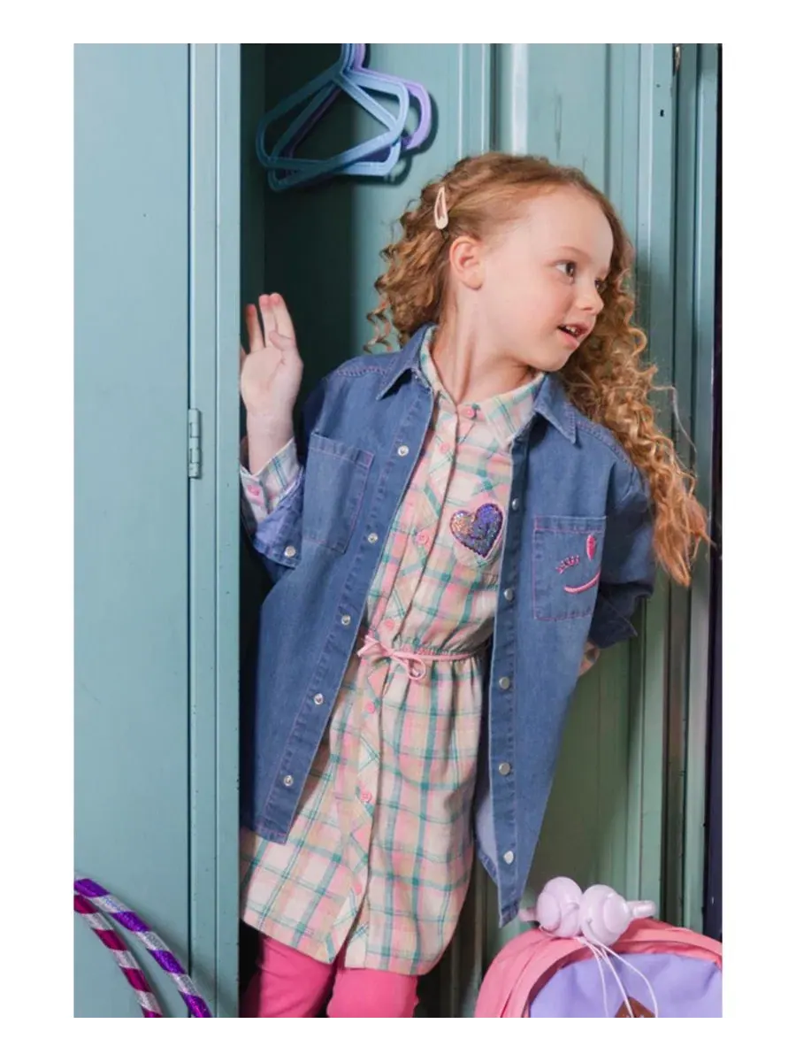 Платье-рубашка с поясом Ivy Kids Deux par Deux — изображение 2 из 7, зеленый розовый