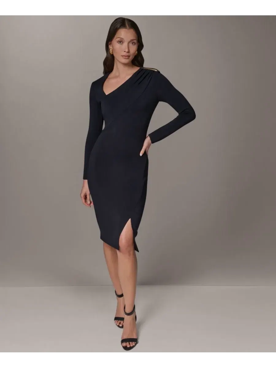Платье-футляр с асимметричным вырезом, с длинным рукавом Donna Karan New York — изображение 1 из 5, черный