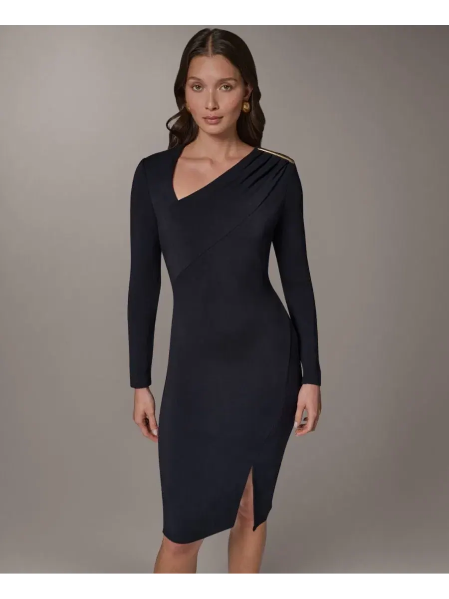 Платье-футляр с асимметричным вырезом, с длинным рукавом Donna Karan New York — изображение 2 из 5, черный