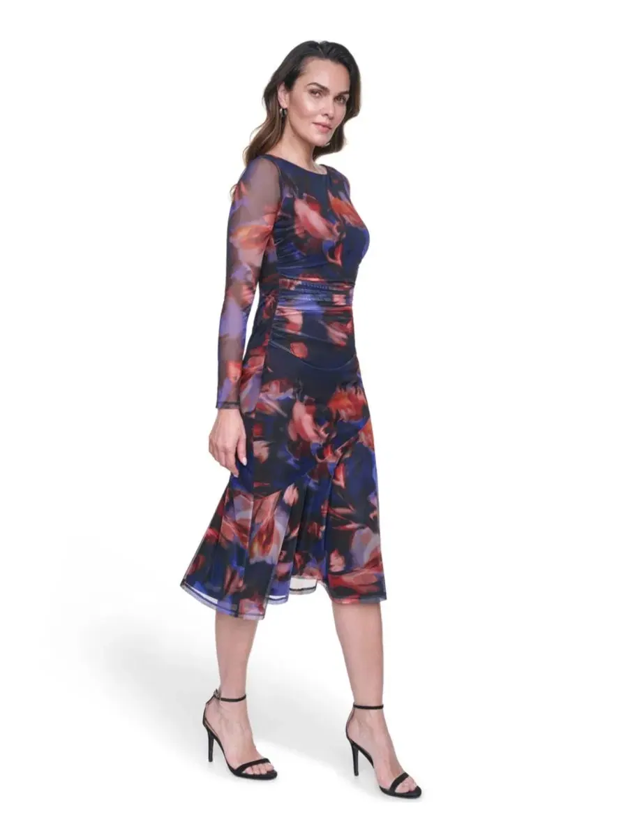 Платье миди из сетки с принтом, с длинным рукавом, модель Printed Mesh Bodycon Midi Dress Vince — изображение 2 из 4