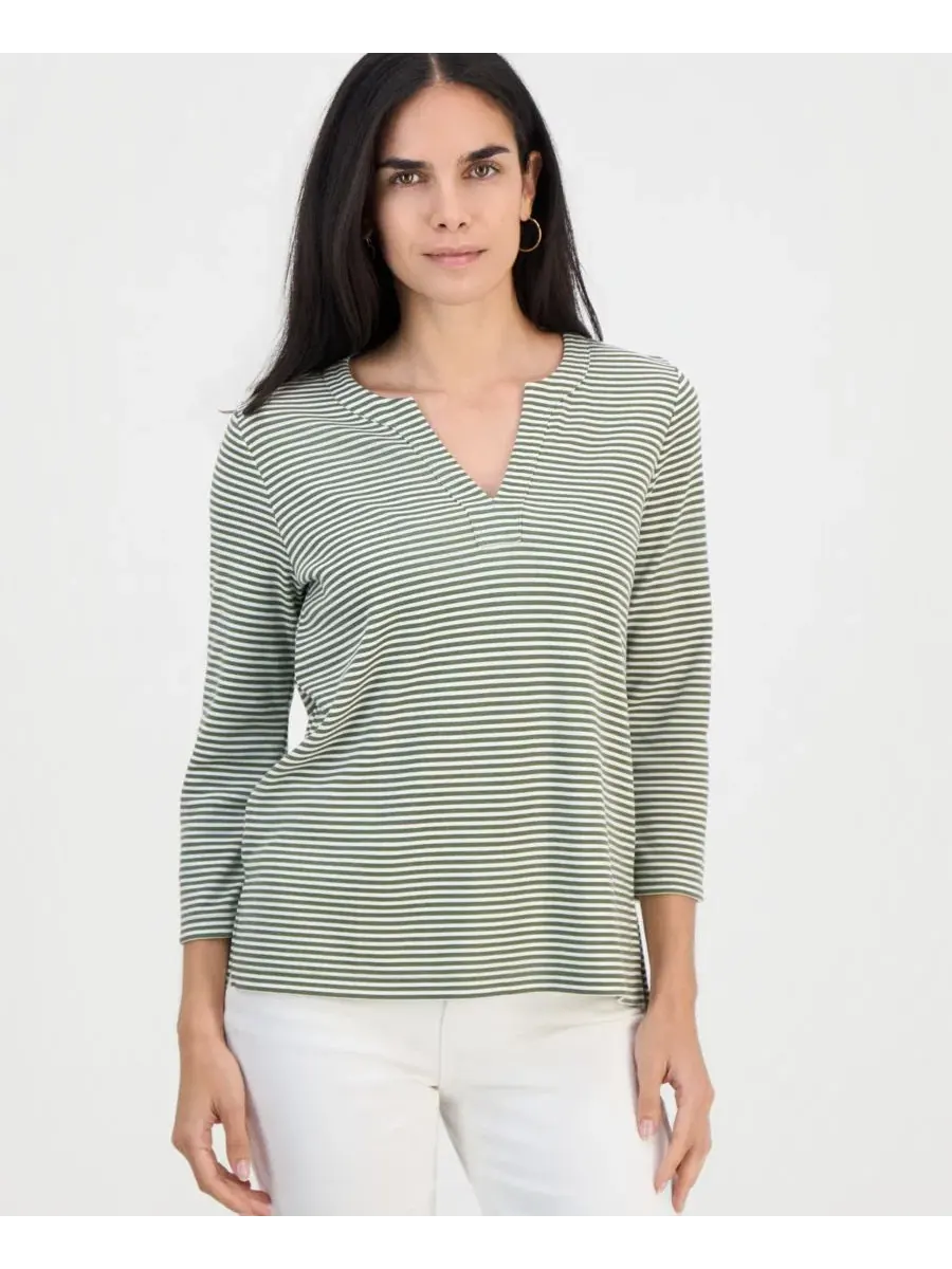 Туника с разрезом, 3/4 рукав, в полоску Style & Co — изображение 1 из 3, зеленый