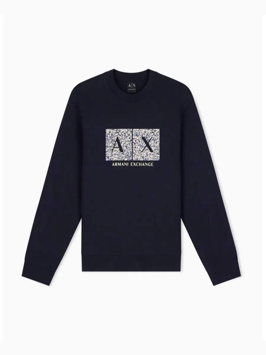 Мужской свитшот с длинным рукавом и принтом A|X Armani Exchange — изображение 1 из 8, глубокий темно-синий