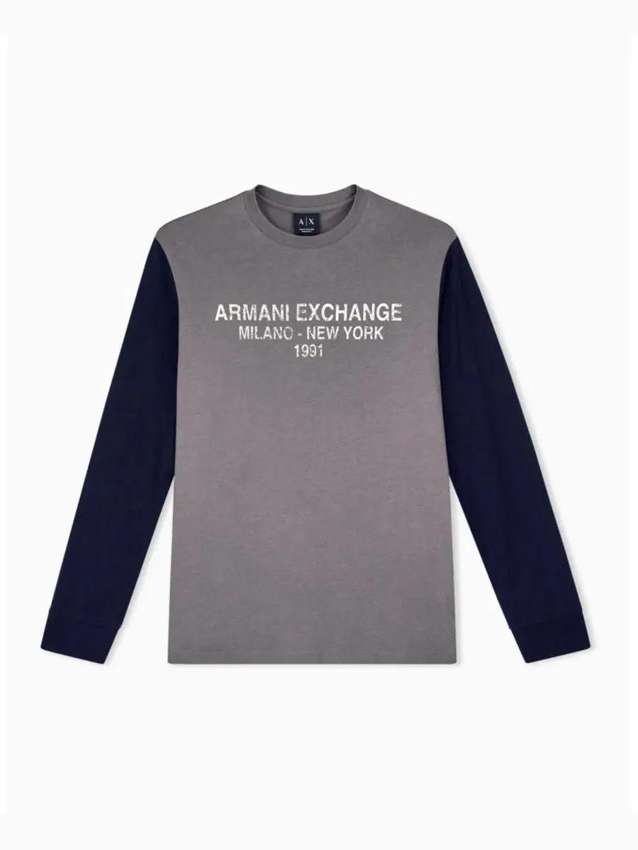 Футболка с длинным рукавом и надписью Color Block Wording A|X Armani Exchange — изображение 2 из 7, глубокий темно-синий