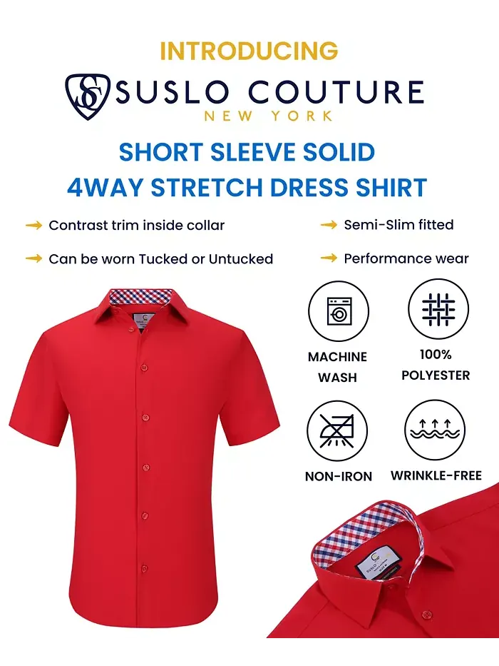 Мужская классическая рубашка с коротким рукавом Slim Fit Performance, однотонная Suslo Couture — изображение 3 из 7, красный