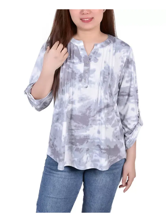 Женский трикотажный жаккардовый топ с рукавом 3/4 и отворотом NY Collection