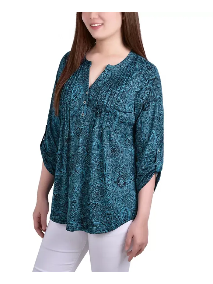 Женский трикотажный жаккардовый топ с рукавом 3/4 и отворотом NY Collection — изображение 5 из 5, синий