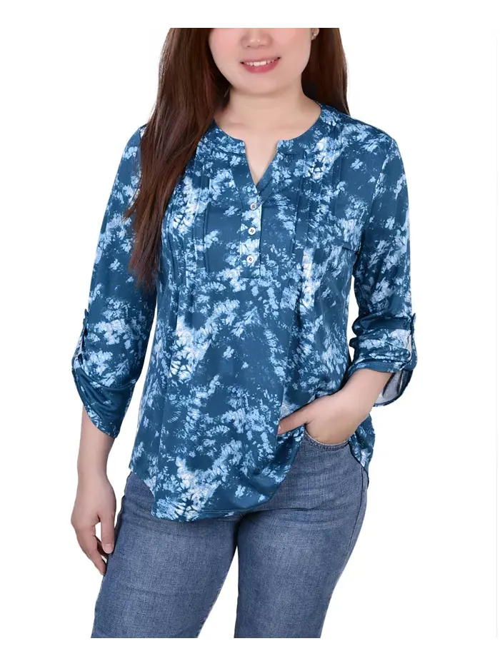 Женский трикотажный жаккардовый топ с рукавом 3/4 и отворотом NY Collection