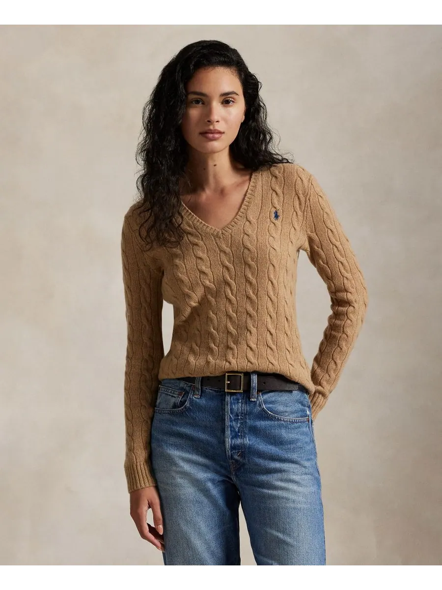 Женский свитер с V-образным вырезом из шерсти и кашемира с косами Polo Ralph Lauren, Camel Melange — изображение 1 из 5