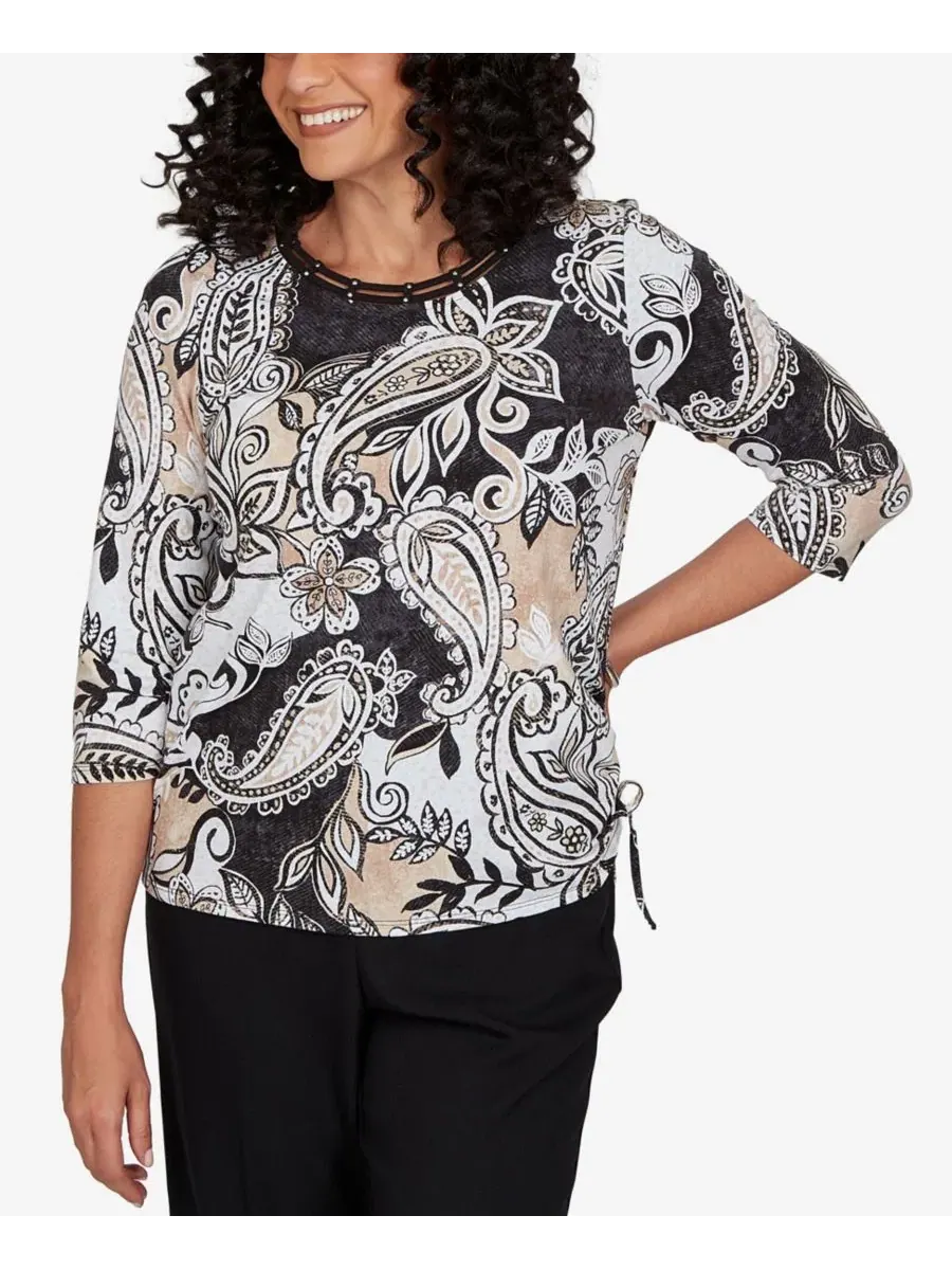 Топ с принтом пейсли Petite Paisley Neutrals Knit Top Alfred Dunner — изображение 1 из 5, черный/бежевый
