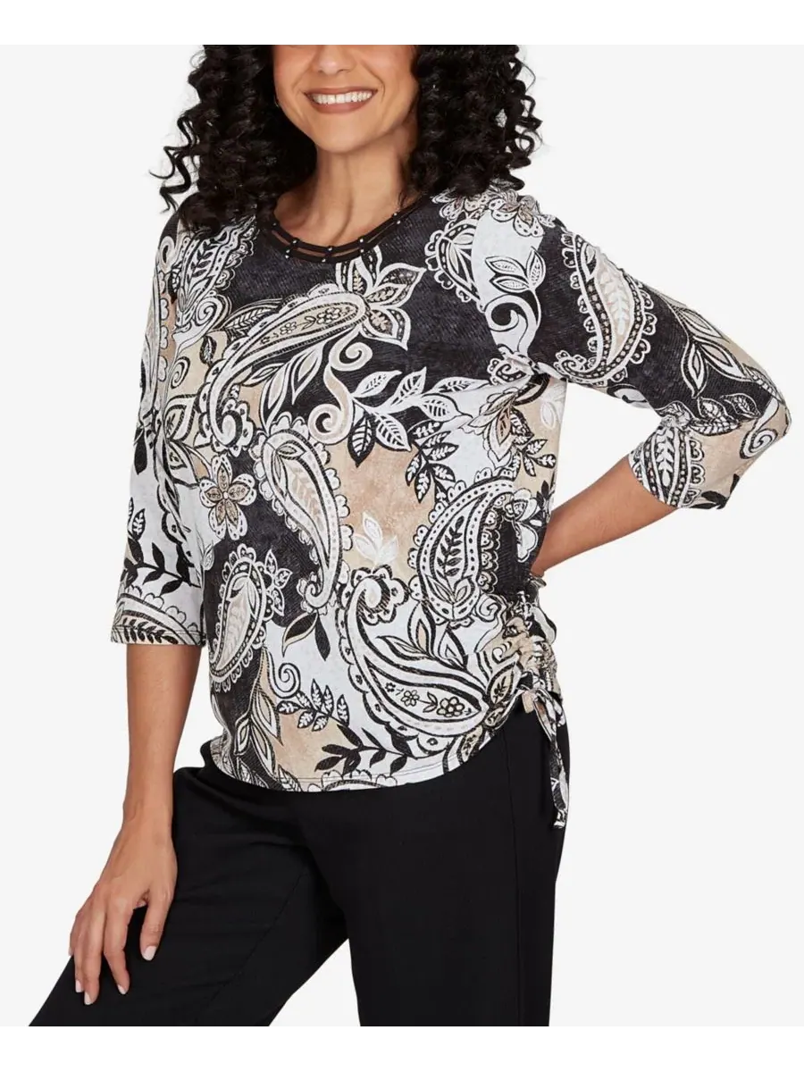 Топ с принтом пейсли Petite Paisley Neutrals Knit Top Alfred Dunner — изображение 2 из 5, черный/бежевый