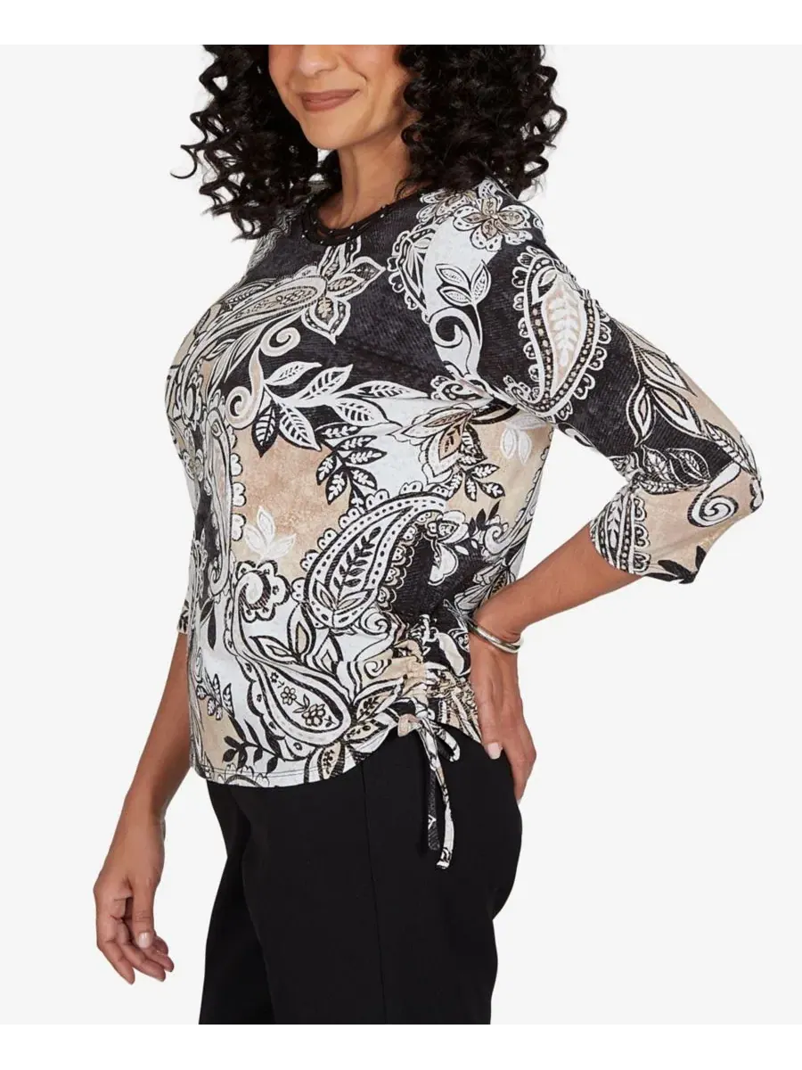 Топ с принтом пейсли Petite Paisley Neutrals Knit Top Alfred Dunner — изображение 3 из 5, черный/бежевый