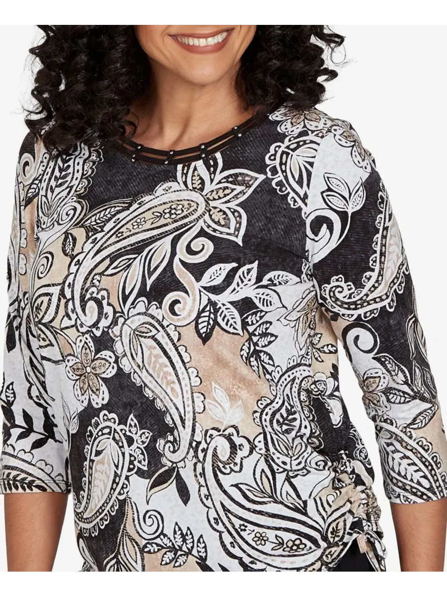 Топ с принтом пейсли Petite Paisley Neutrals Knit Top Alfred Dunner — изображение 4 из 5, черный/бежевый