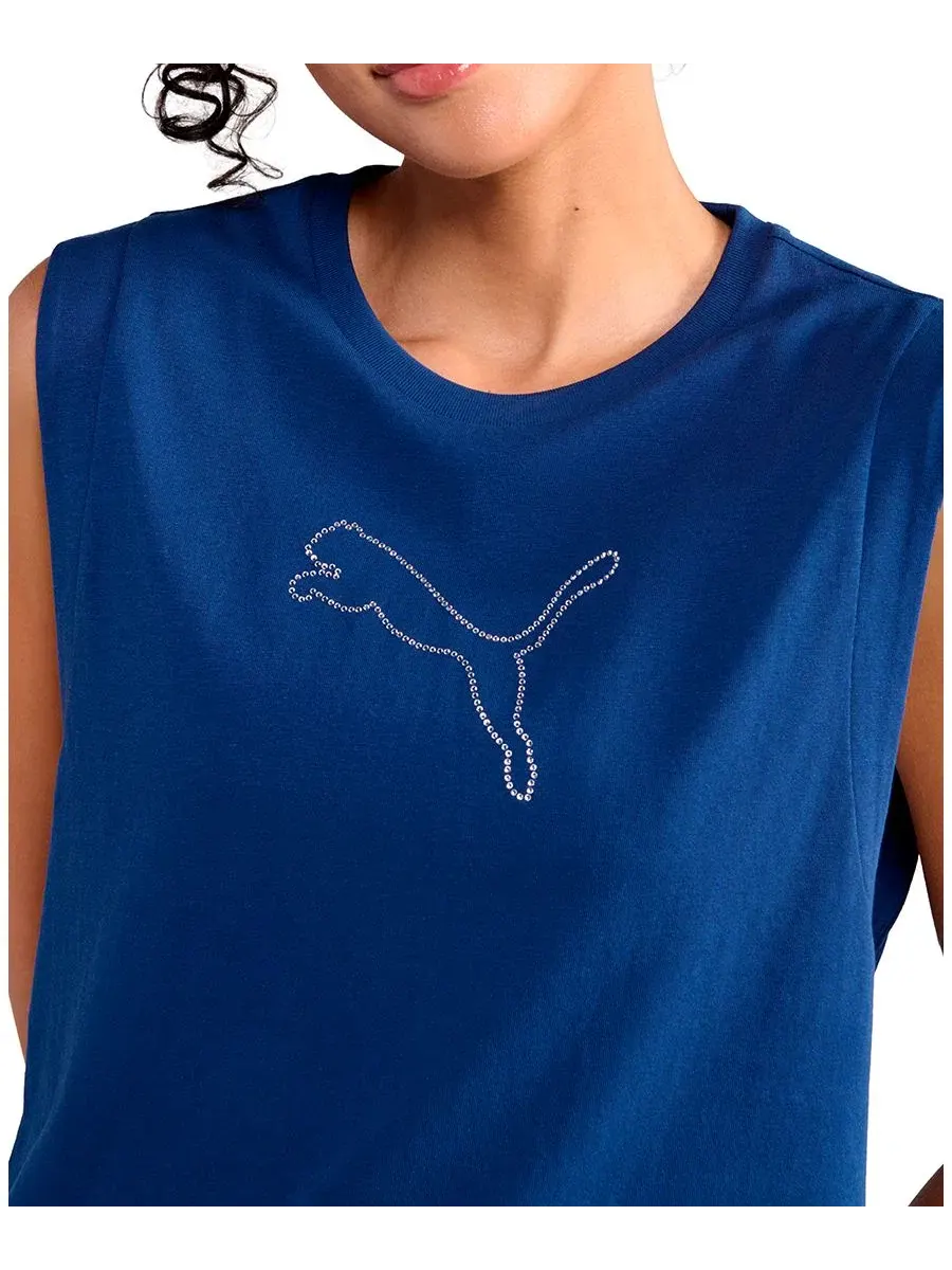 Женская майка с круглым вырезом и логотипом кошки, украшенная стразами Puma — изображение 3 из 4, синий