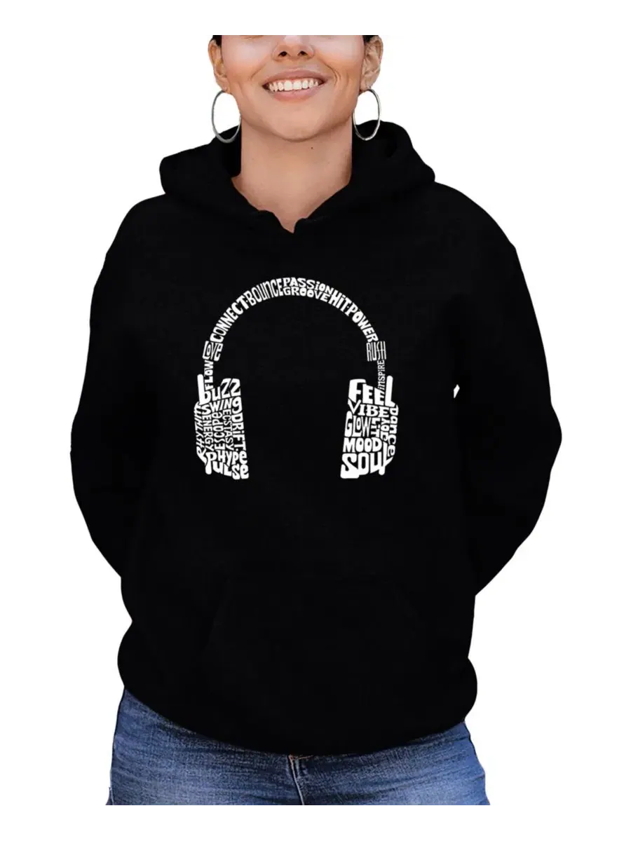 Женская толстовка с капюшоном Mood Headphones Word Art La Pop Art — изображение 1 из 3, черный