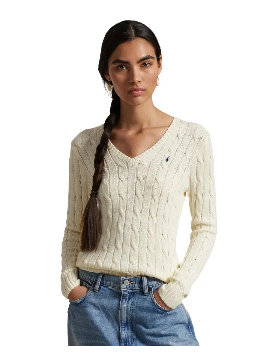Свитер с V-образным вырезом из хлопка Cable-Knit Cotton V-Neck Sweater Polo Ralph Lauren — изображение 1 из 20, бежевый