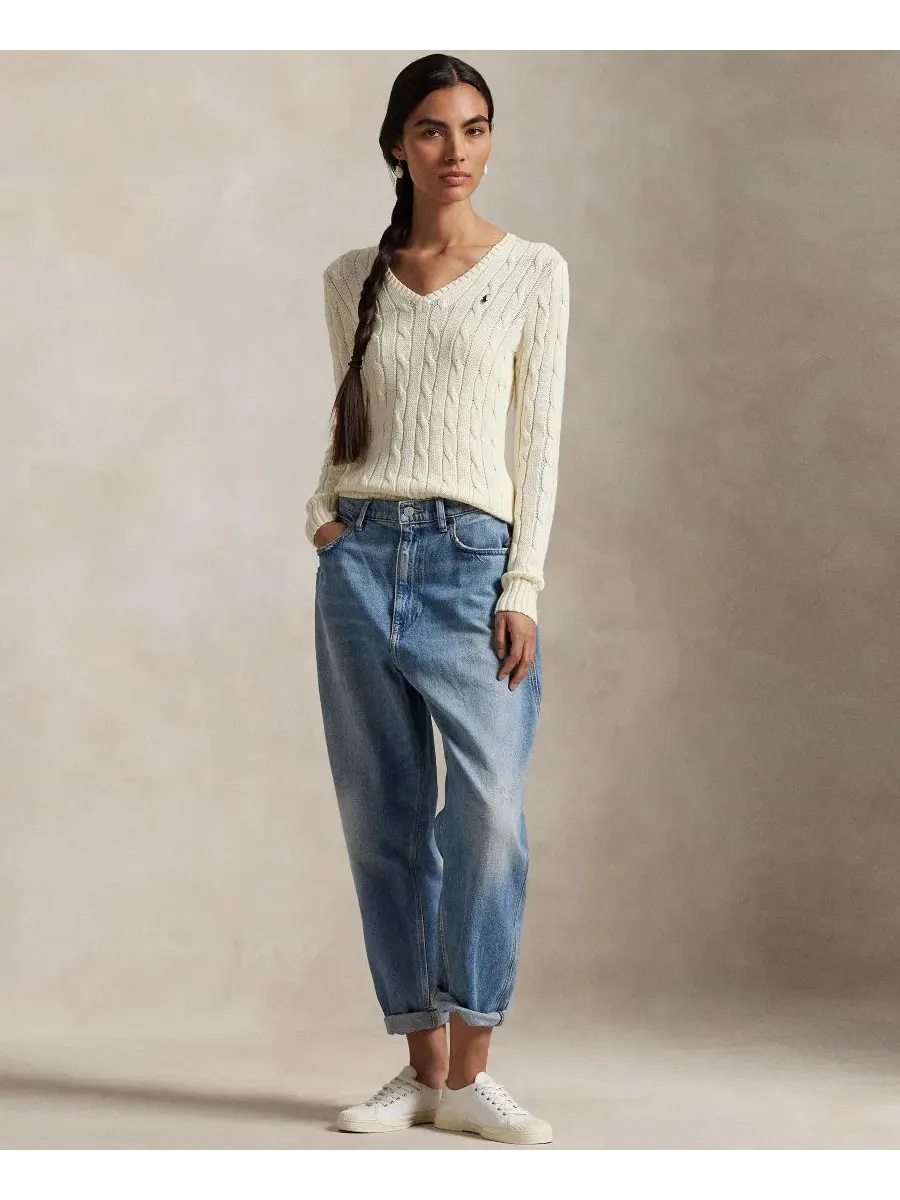 Свитер с V-образным вырезом из хлопка Cable-Knit Cotton V-Neck Sweater Polo Ralph Lauren — изображение 2 из 20, бежевый