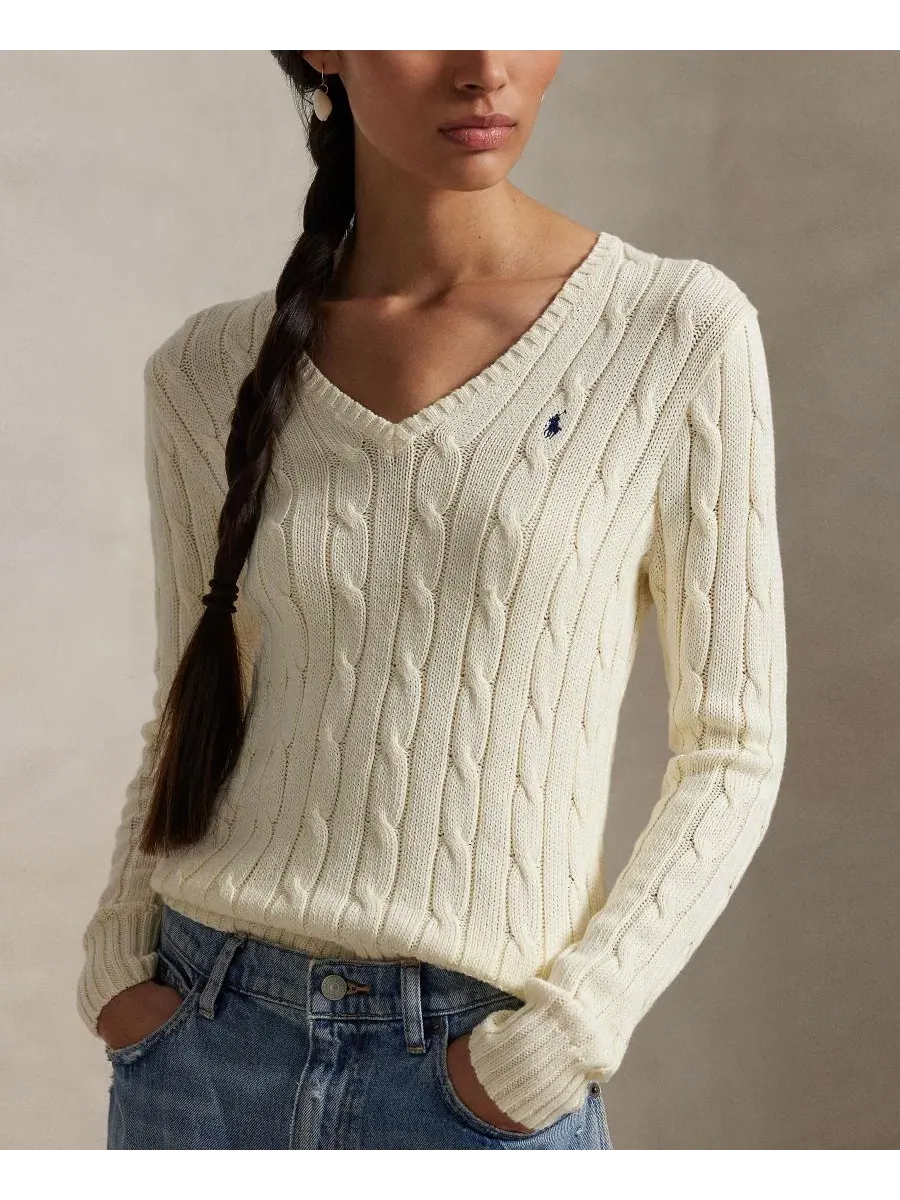 Свитер с V-образным вырезом из хлопка Cable-Knit Cotton V-Neck Sweater Polo Ralph Lauren — изображение 3 из 20, бежевый