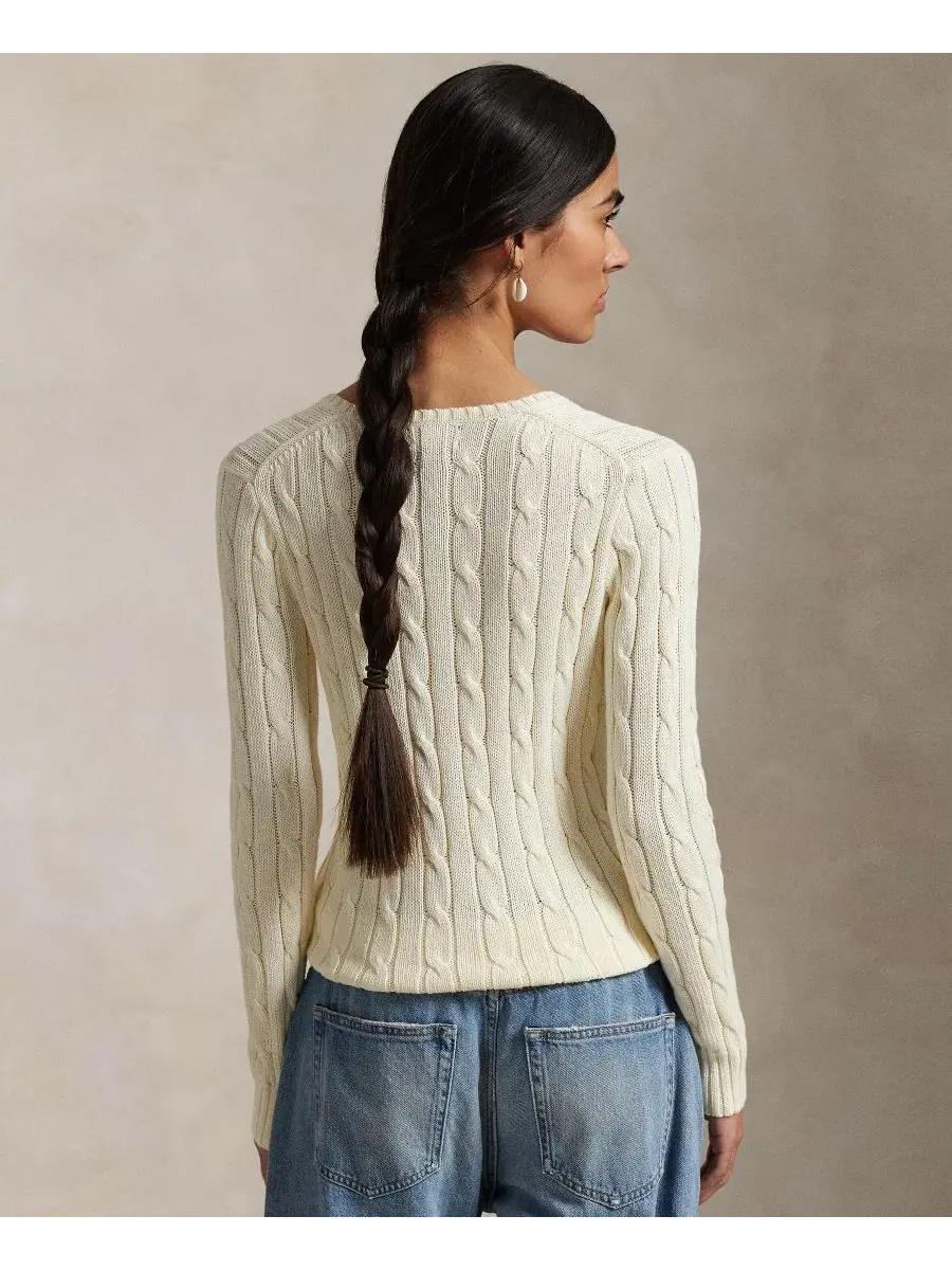 Свитер с V-образным вырезом из хлопка Cable-Knit Cotton V-Neck Sweater Polo Ralph Lauren — изображение 4 из 20, бежевый