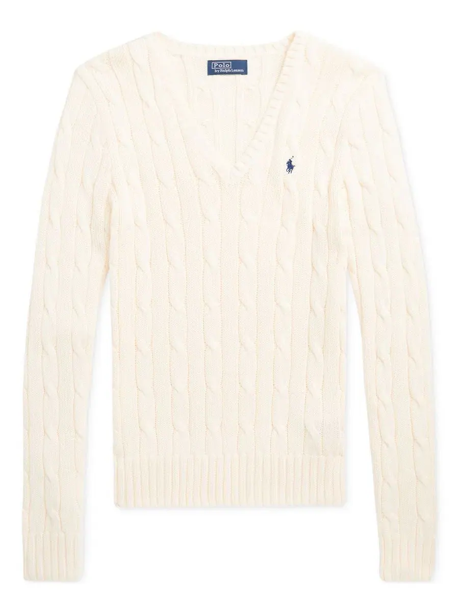 Свитер с V-образным вырезом из хлопка Cable-Knit Cotton V-Neck Sweater Polo Ralph Lauren — изображение 5 из 20, бежевый