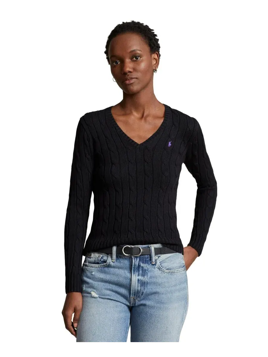 Свитер женский с V-образным вырезом, кабельной вязки, хлопковый Polo Ralph Lauren — изображение 1 из 20, черный