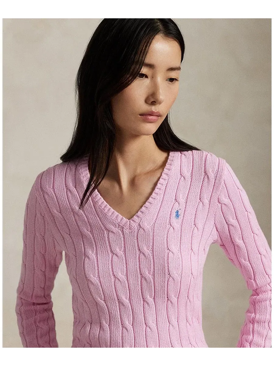 Свитер женский с V-образным вырезом, кабельной вязки, хлопковый Polo Ralph Lauren — изображение 16 из 20, черный