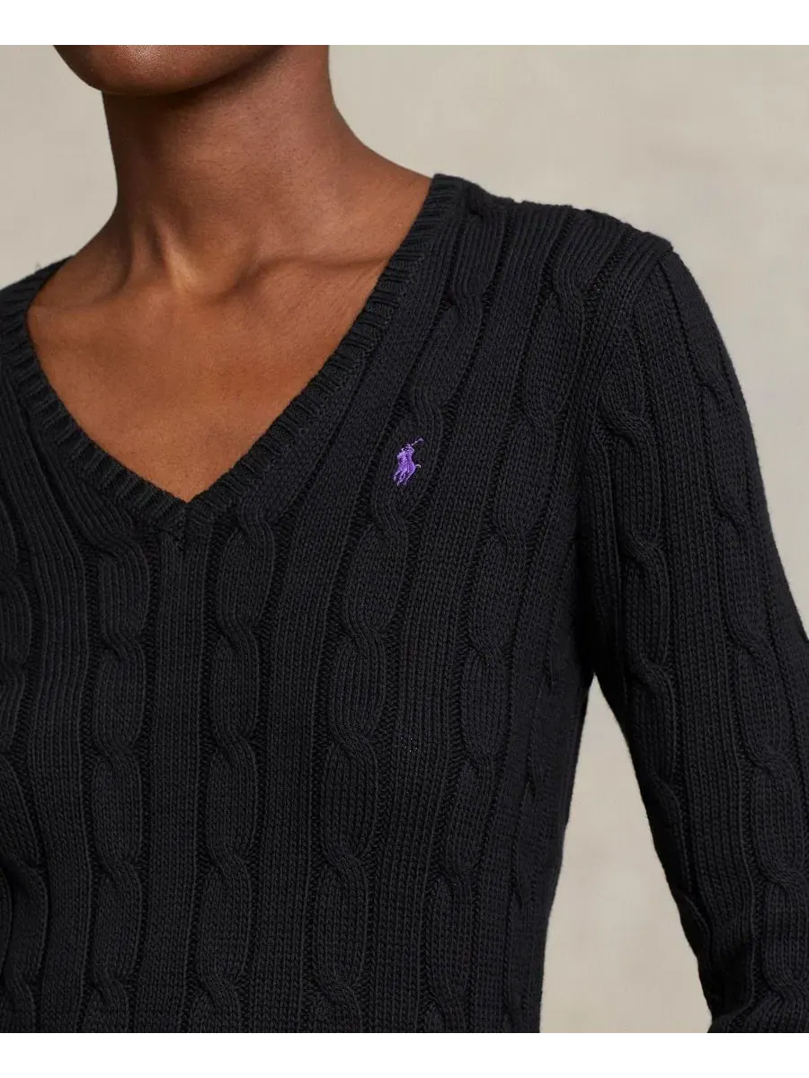 Свитер женский с V-образным вырезом, кабельной вязки, хлопковый Polo Ralph Lauren — изображение 3 из 20, черный
