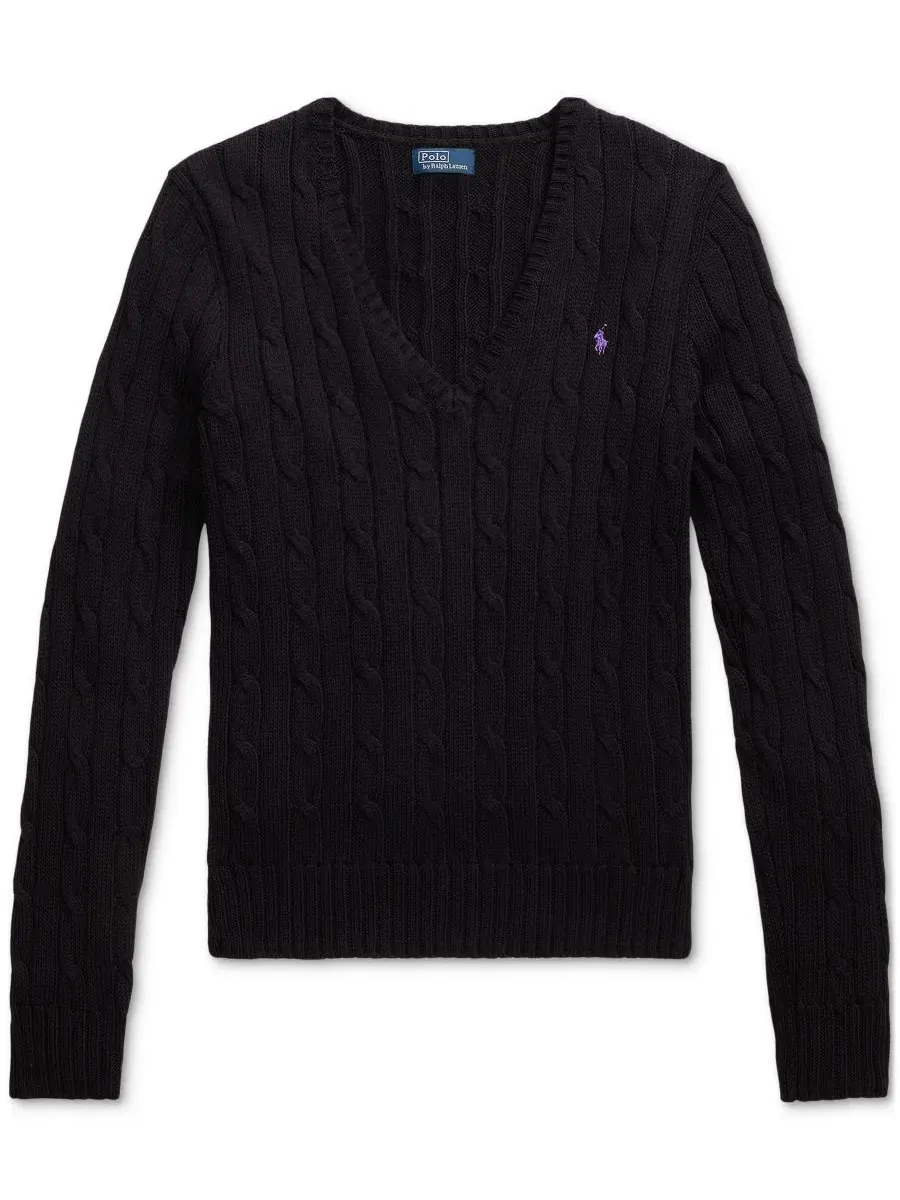 Свитер женский с V-образным вырезом, кабельной вязки, хлопковый Polo Ralph Lauren — изображение 5 из 20, черный