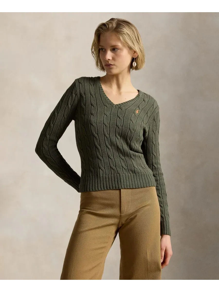 Свитер женский с V-образным вырезом, с косами Polo Ralph Lauren — изображение 1 из 20, оливковый