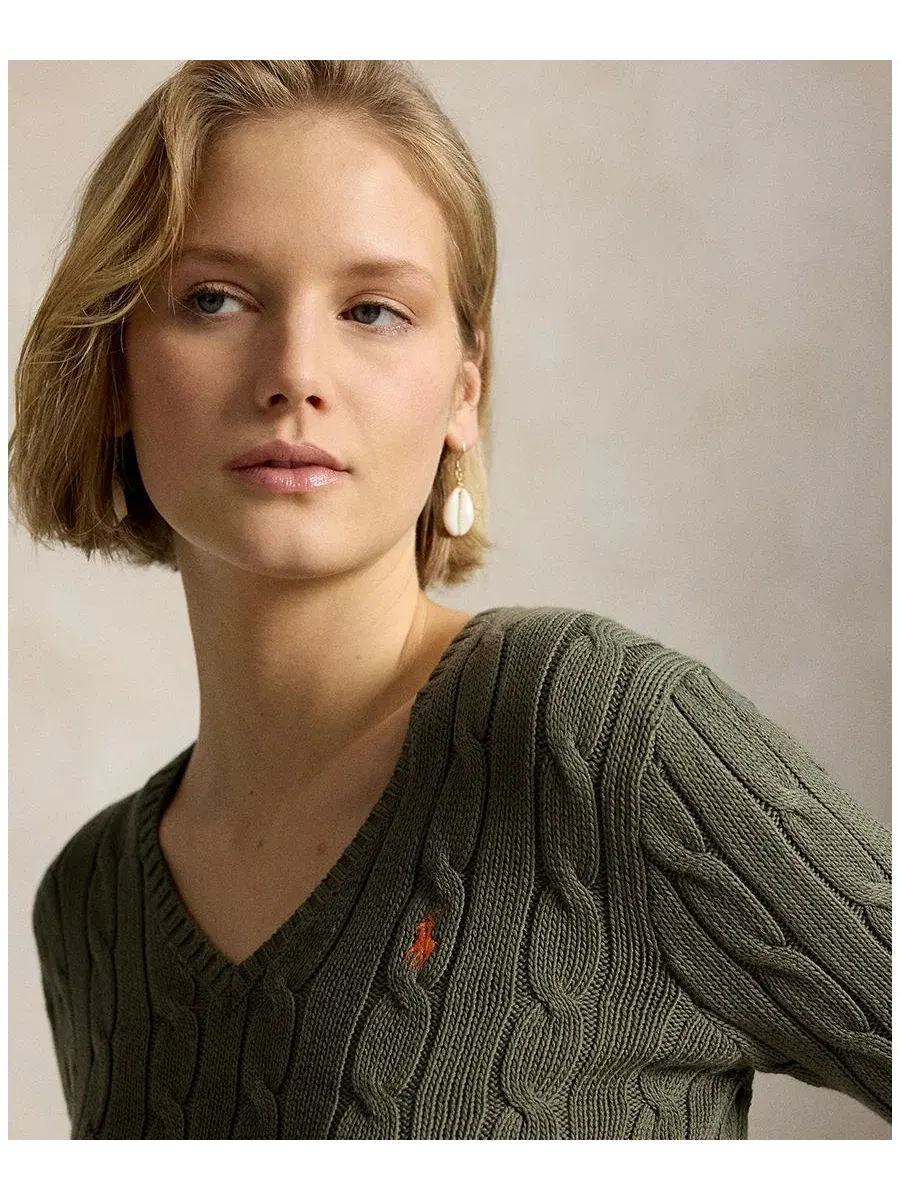 Свитер женский с V-образным вырезом, с косами Polo Ralph Lauren — изображение 2 из 20, оливковый