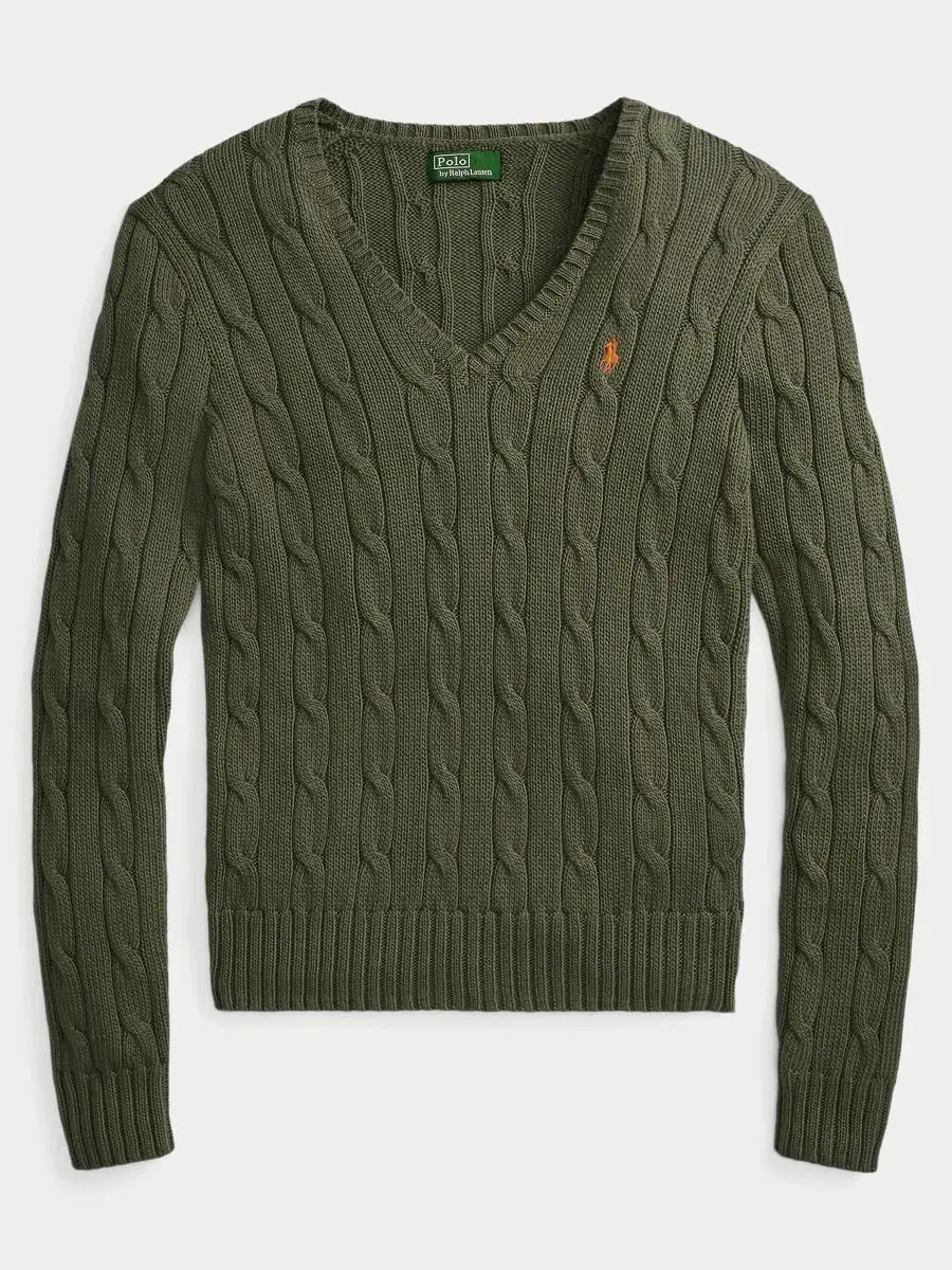 Свитер женский с V-образным вырезом, с косами Polo Ralph Lauren — изображение 5 из 20, оливковый