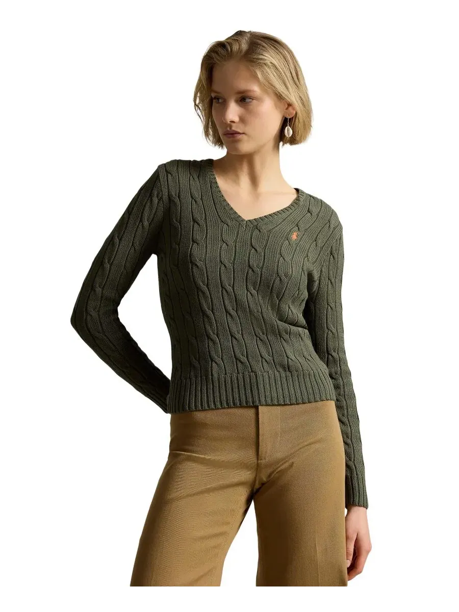 Свитер женский с V-образным вырезом, с косами Polo Ralph Lauren — изображение 6 из 20, оливковый