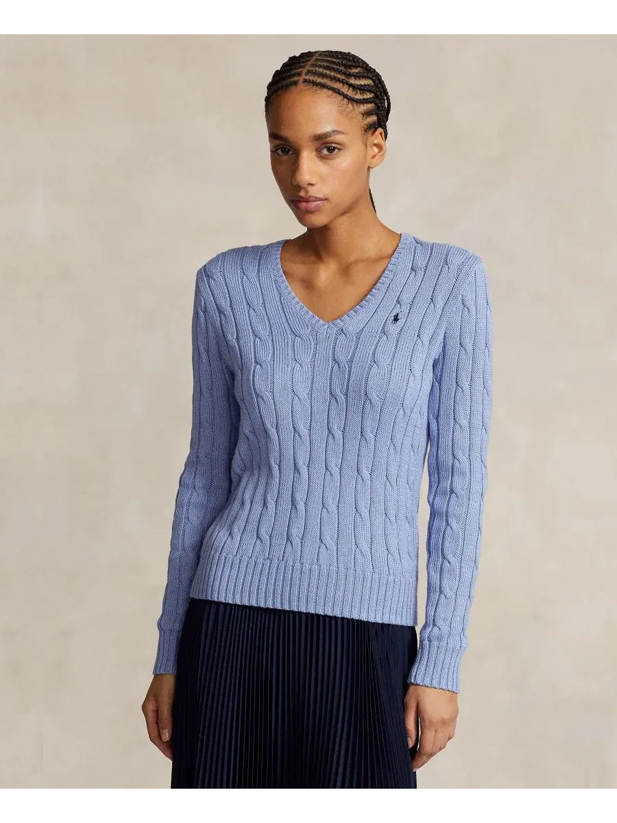 Свитер с V-образным вырезом из хлопка, модель Cable-Knit Cotton V-Neck Polo Ralph Lauren — изображение 1 из 20, синий