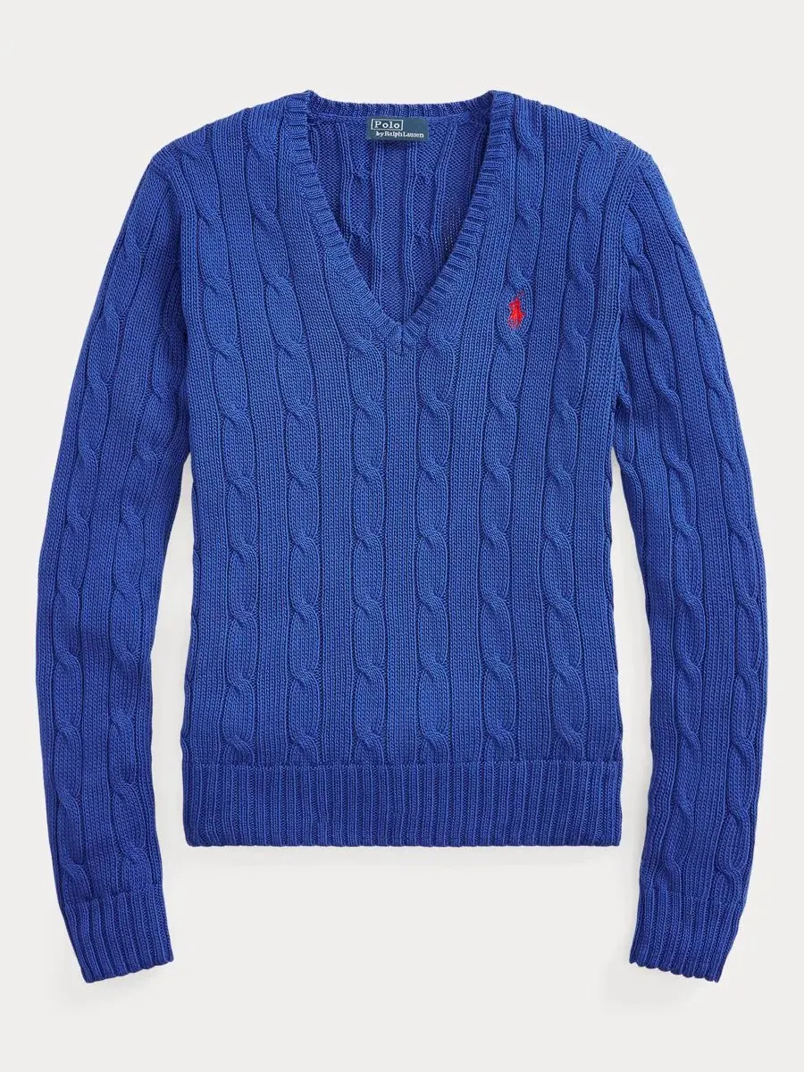 Свитер с V-образным вырезом из хлопка, модель Cable-Knit Cotton V-Neck Polo Ralph Lauren — изображение 15 из 20, синий