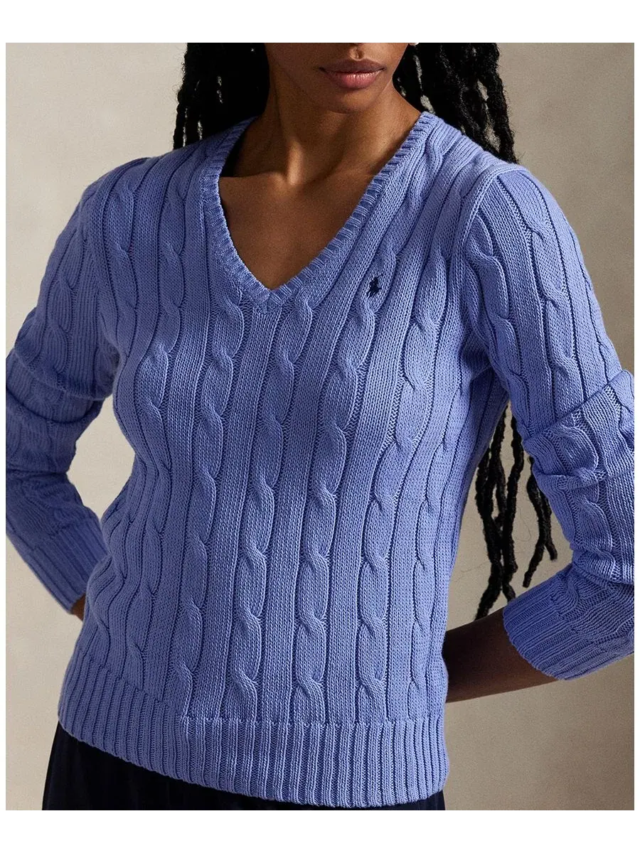 Свитер с V-образным вырезом из хлопка, модель Cable-Knit Cotton V-Neck Polo Ralph Lauren — изображение 6 из 20, синий