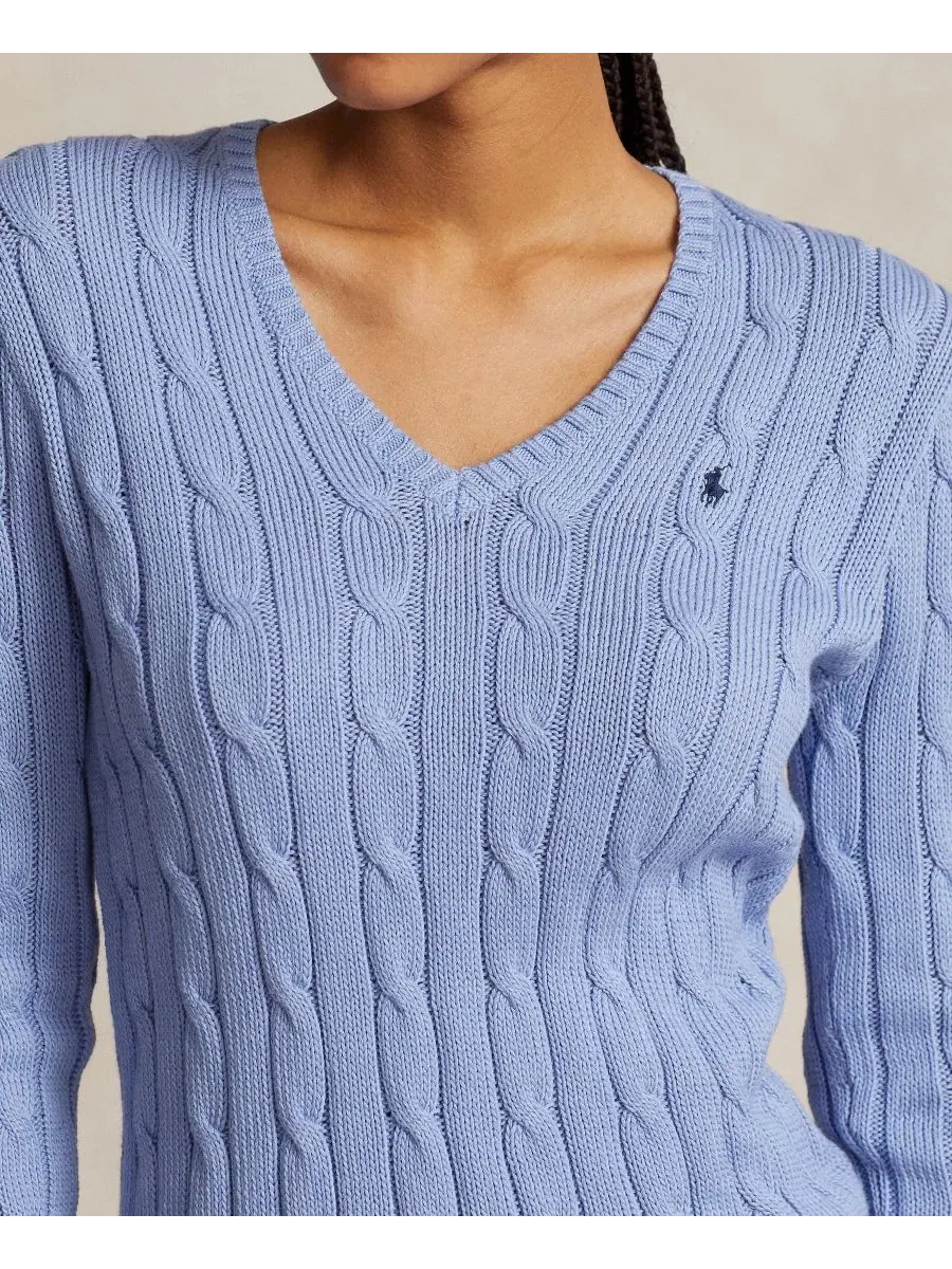 Свитер с V-образным вырезом из хлопка, модель Cable-Knit Cotton V-Neck Polo Ralph Lauren — изображение 7 из 20, синий
