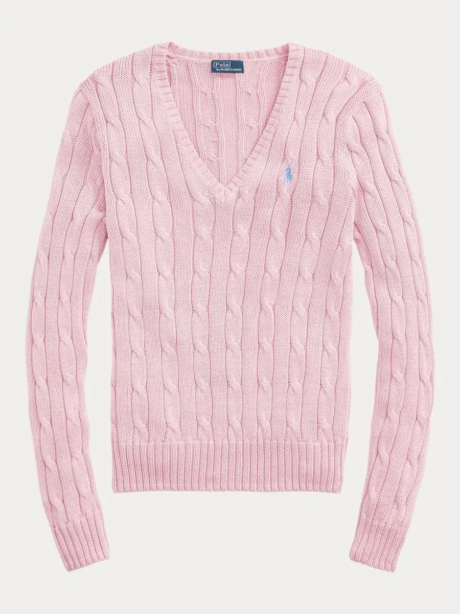 Свитер с V-образным вырезом из хлопка, модель Cable-Knit Cotton V-Neck Polo Ralph Lauren — изображение 9 из 20, синий