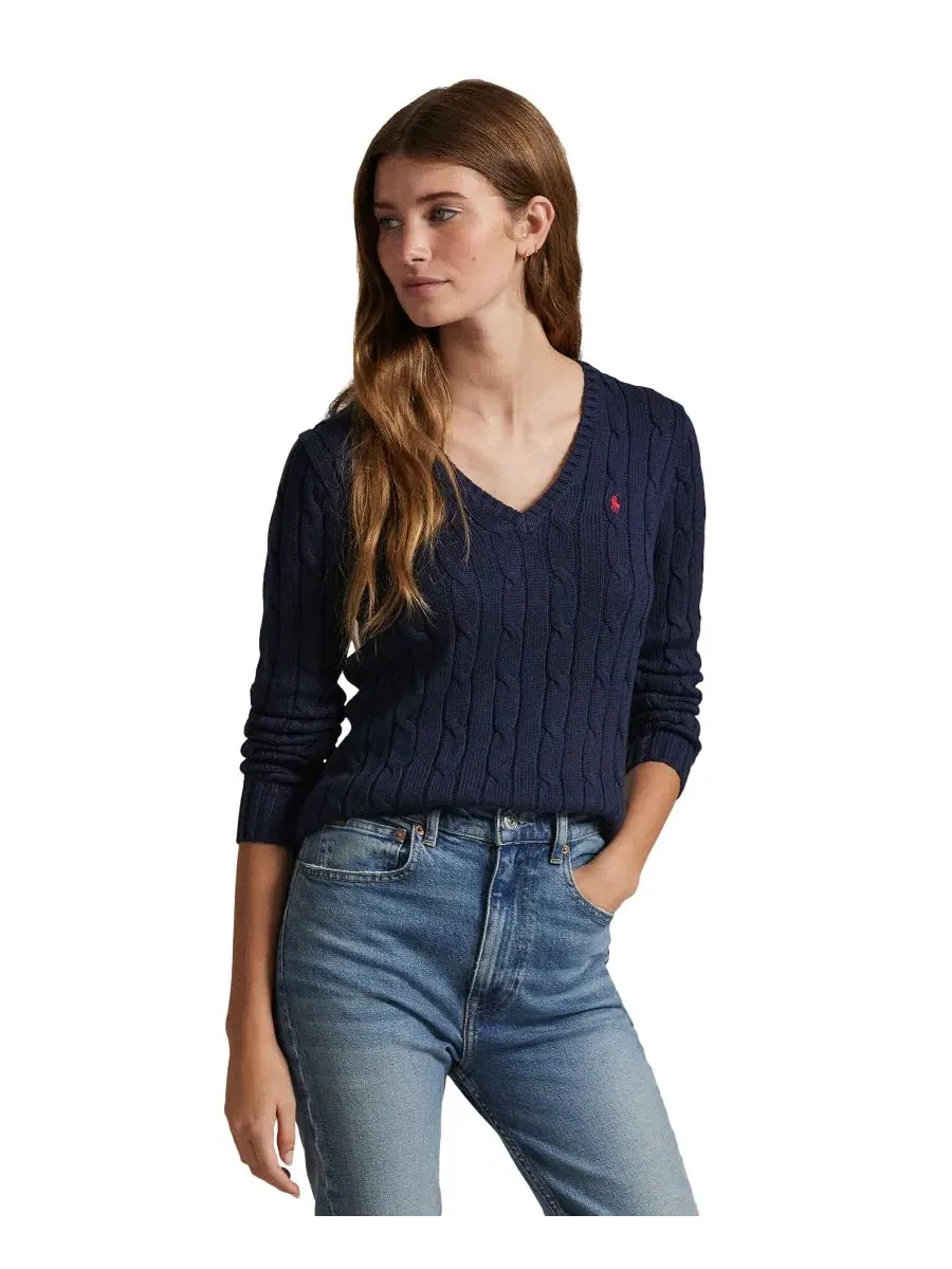 Свитер женский с V-образным вырезом из хлопка с косами, Slim Fit Polo Ralph Lauren — изображение 1 из 20, темно-синий