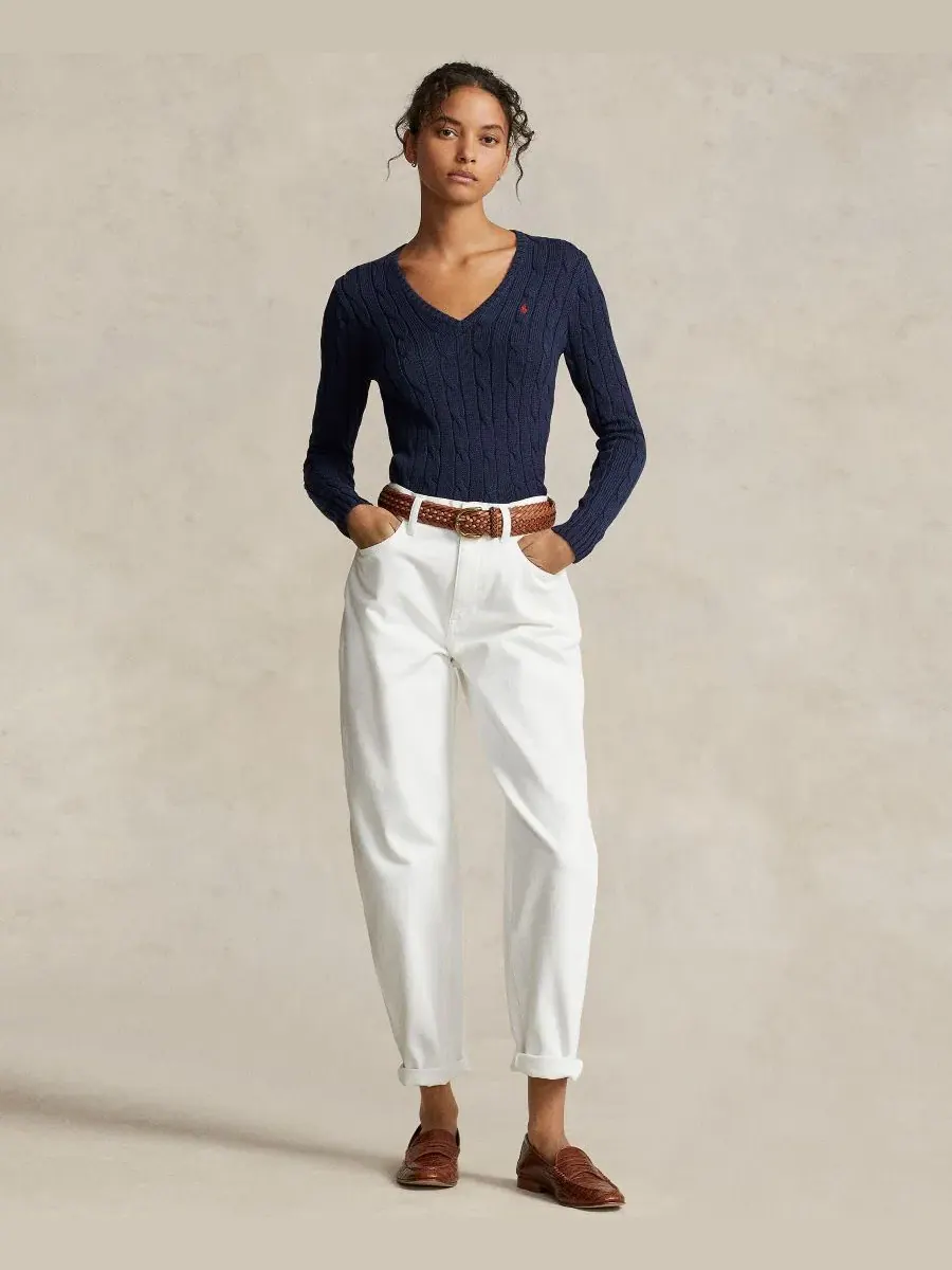 Свитер женский с V-образным вырезом из хлопка с косами, Slim Fit Polo Ralph Lauren — изображение 2 из 20, темно-синий