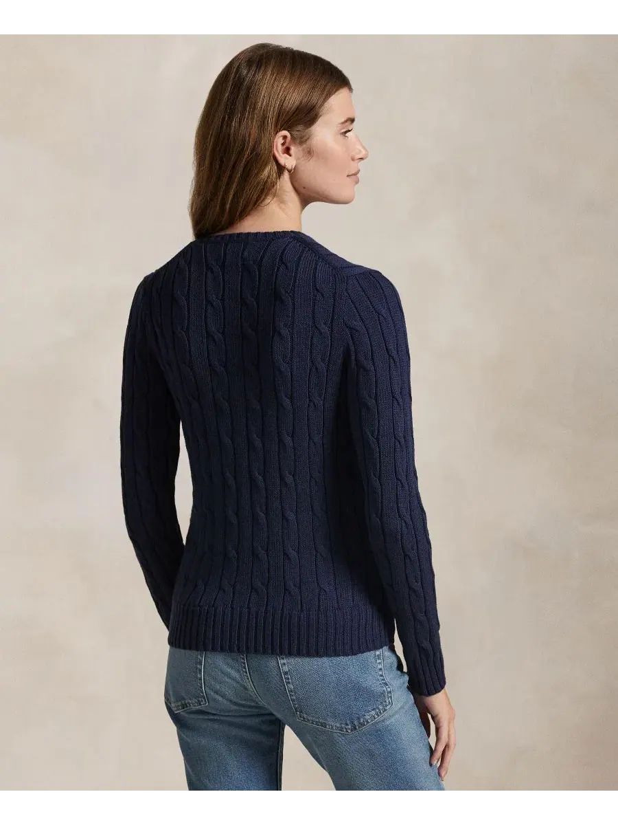 Свитер женский с V-образным вырезом из хлопка с косами, Slim Fit Polo Ralph Lauren — изображение 4 из 20, темно-синий