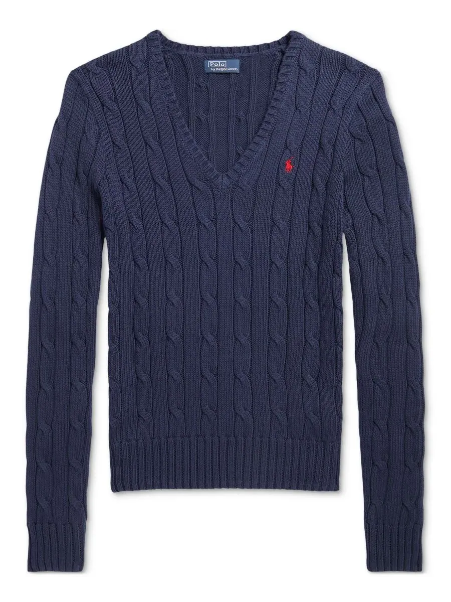 Свитер женский с V-образным вырезом из хлопка с косами, Slim Fit Polo Ralph Lauren — изображение 5 из 20, темно-синий