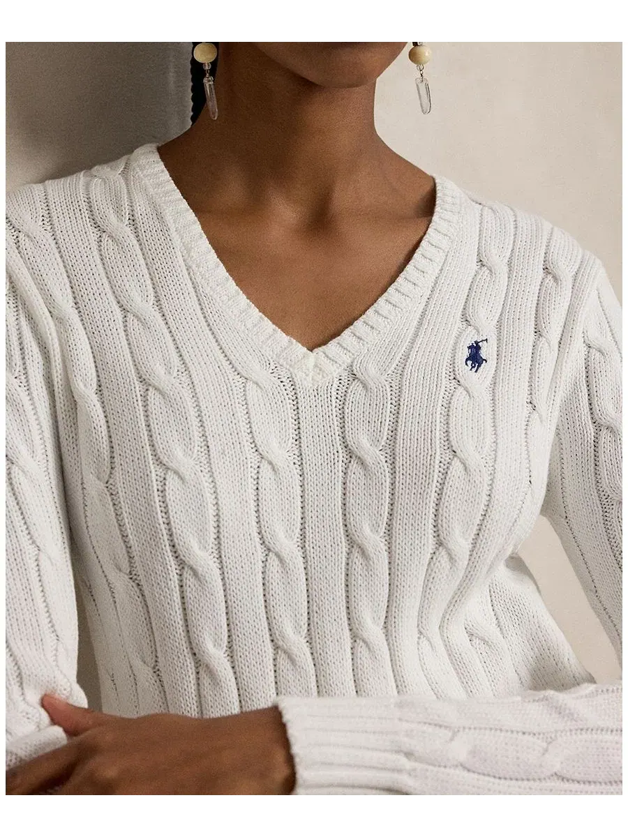 Свитер с V-образным вырезом из хлопка с косами Polo Ralph Lauren — изображение 11 из 20, синий