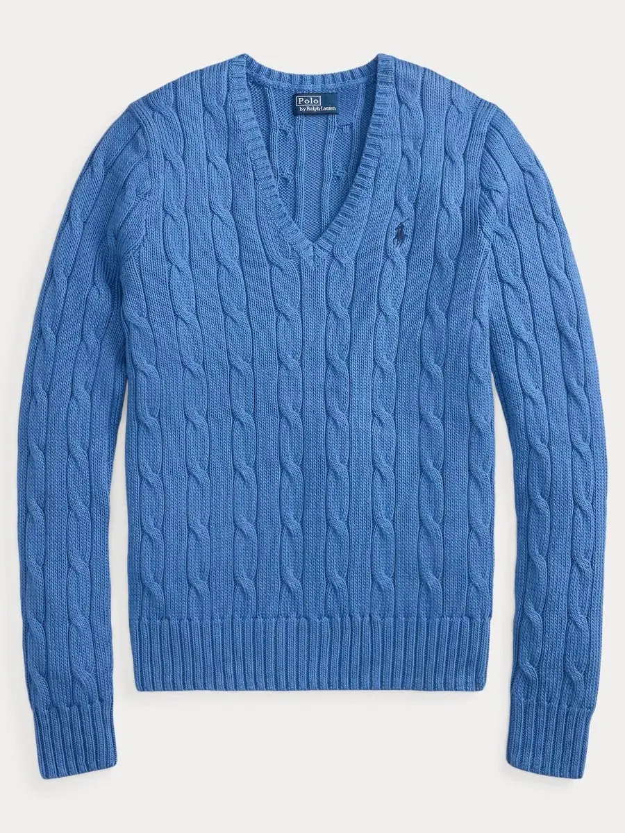 Свитер с V-образным вырезом из хлопка с косами Polo Ralph Lauren — изображение 5 из 20, синий