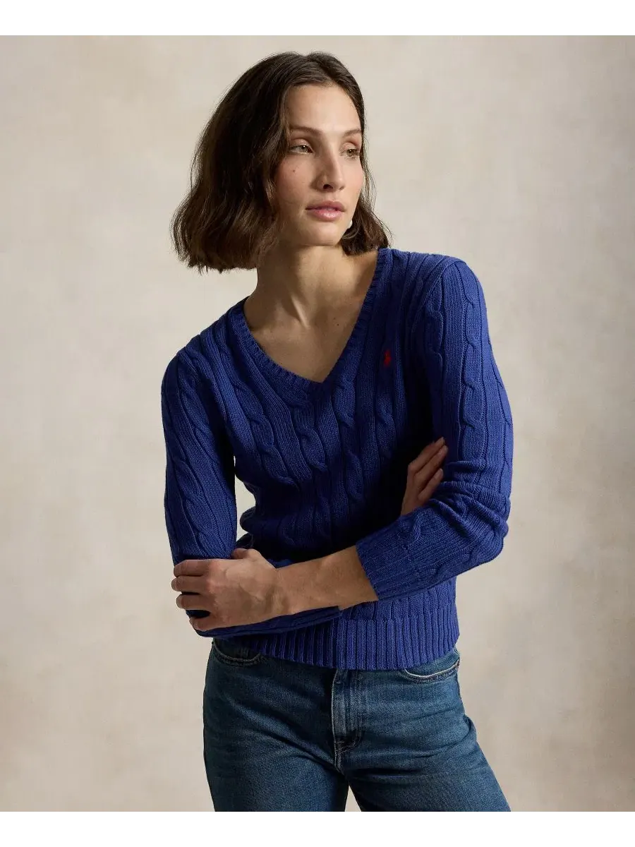 Женский свитер с V-образным вырезом из хлопка с косами Polo Ralph Lauren — изображение 1 из 20, синий