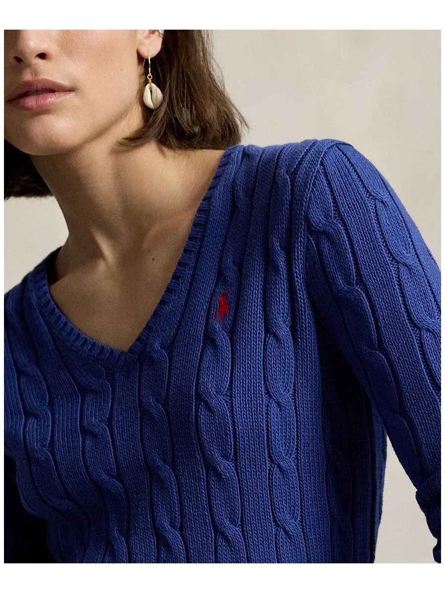 Женский свитер с V-образным вырезом из хлопка с косами Polo Ralph Lauren — изображение 2 из 20, синий