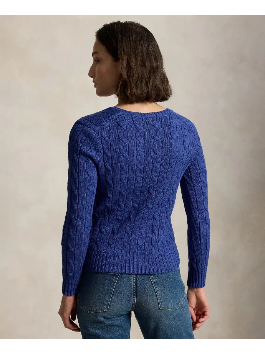 Женский свитер с V-образным вырезом из хлопка с косами Polo Ralph Lauren — изображение 4 из 20, синий