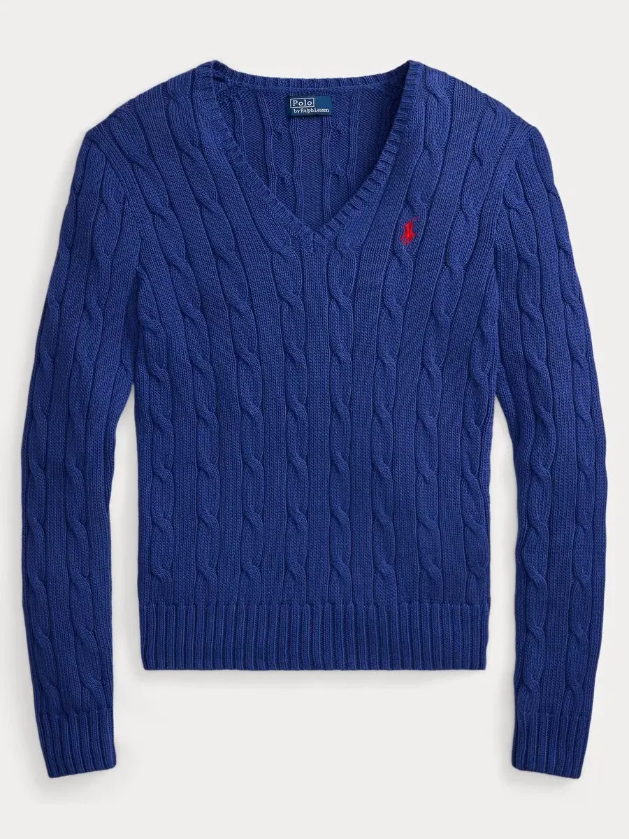 Женский свитер с V-образным вырезом из хлопка с косами Polo Ralph Lauren — изображение 5 из 20, синий