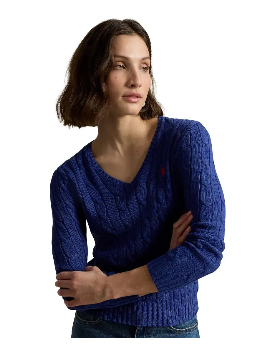 Женский свитер с V-образным вырезом из хлопка с косами Polo Ralph Lauren — изображение 6 из 20, синий