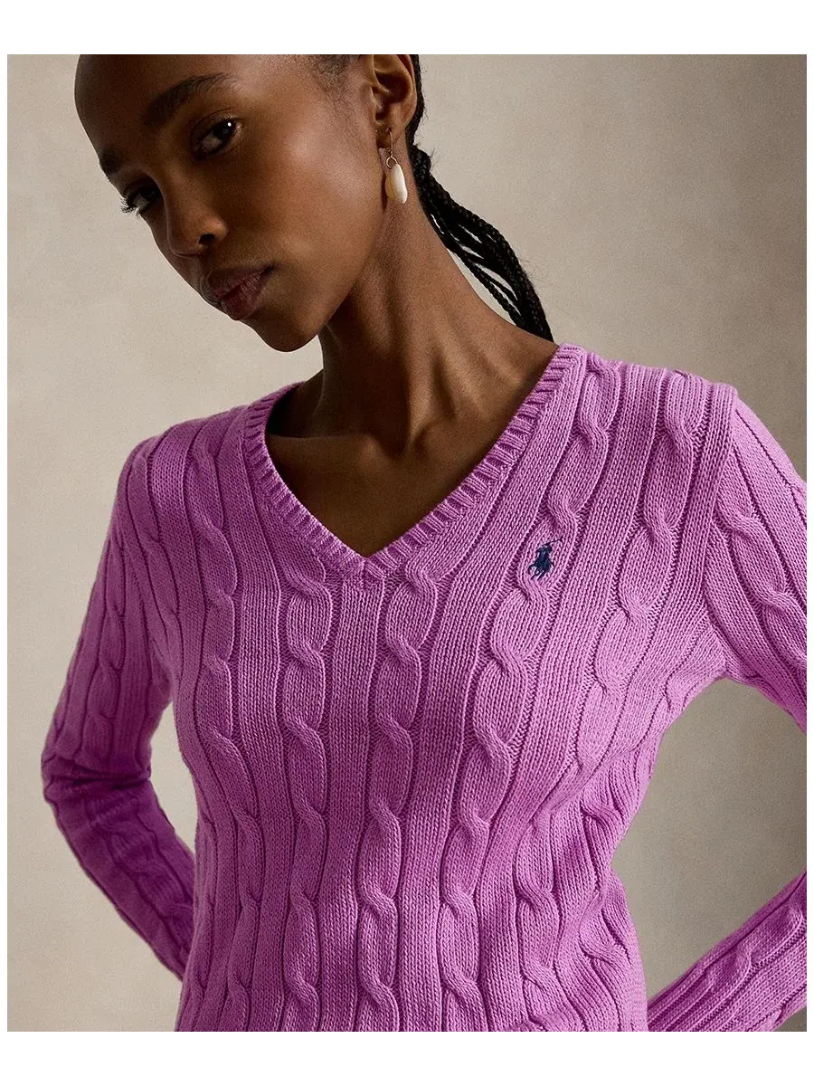 Свитер с V-образным вырезом из хлопка с косами Polo Ralph Lauren — изображение 2 из 20, розовый